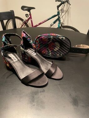 Steve Madden Black Satin Ankle Strap Heels with Multicolor Embroidery